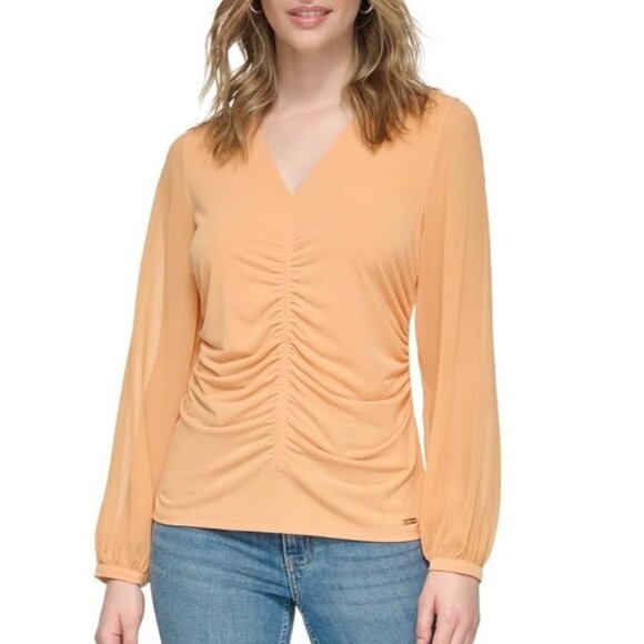 Calvin Klein Medium Long Sleeve V Neck Cinched Gathered Front Top Blouse NEW - Picture 1 of 7